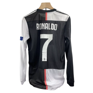 2019-20 Cristiano Ronaldo #7 Juventus Home Retro Player Version Soccer Jersey with UCL Patch - Long Sleeve