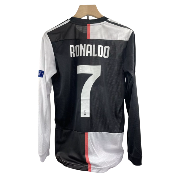 2019-20 Cristiano Ronaldo #7 Juventus Home Retro Player Version Soccer Jersey with UCL Patch - Long Sleeve